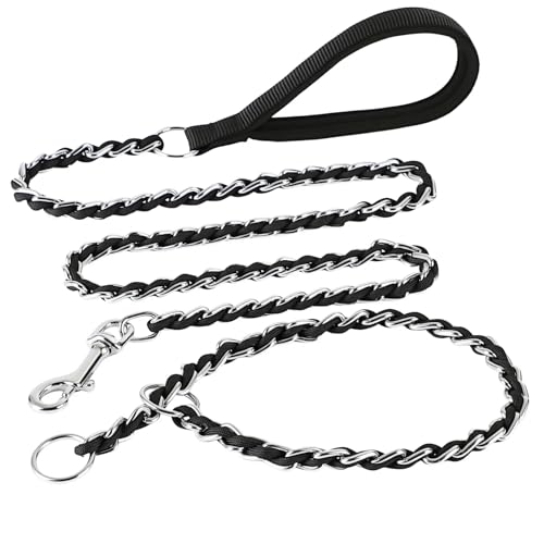Metal Dog Leash with Built-in P-Chain Collar 2FT/4FT Black