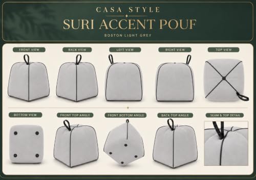 Image of CASASTYLE Signature Velure Suri Accent Pouf | Boston Fabric | 40D High-Density Foam | (Light Grey) | Footrest, Vanity Ottoman & Accent Seat for Home, Office & Hotel