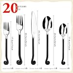 20pc Matte Black Cutlery Set, Forged 18/10 Stainless Steel | Hand-bent treble clef handle, forged matte black oxidation, won't peel/chip,18/10 SS, 20pc set 4, DW safe, 15yr warranty