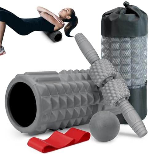 5-in-1 Foam Roller Set – Deep Tissue Massage Roller, Stick, Ball, Resistance Band For Muscle Recovery, Grey