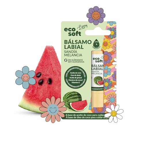 Eco Soft Bálsamo Labial Natural con Aceite de Coco, Sabor Sandía, Hidratación 24h, 4.8g, Sin Alérgenos, con Vitamina E y Cera de Abeja