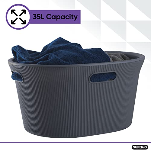Image of Superio Ribbed Collection - Decorative Plastic Laundry Basket with Cut-Out Handles, Grey (1 Pack) Hamper Organzier for Bedroom Bathroom College Dorm Room 35 Liter