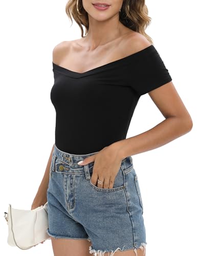 Image of Sarin Mathews Womens Shirts Off The Shoulder Tops Sexy V Neck Slim Fit Shirts Tops Blouses