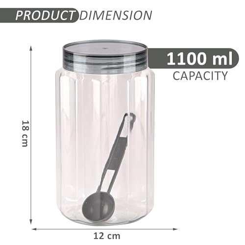 Image of Kuber Industries 12 Pcs Plastic 1100 ML Containers for Kitchen Storage | Multi-Purpose Airtight Kitchen Pet Jars and Containers Set for Spices, Pulses & Grains | Opal - Grey