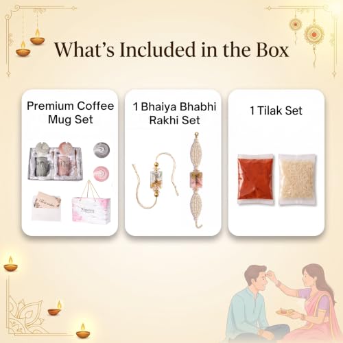 Image of NYRWANA Coffee Mug, Wedding Gift for Couples, Rakhi for Brother and Bhabhi with Gift, Mr & Mrs Set of 2 Coffee Mugs, Lids, Golden Spoon, Bag, Box, Pink Rakhi with Tilak and chawal (380ml-Ceramic)