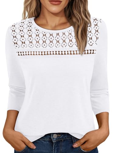 AUTOMET 3/4 Length Sleeve Womens Tops Lace Business Dressy Casual Blouses Spring Summer Fall Trendy Cute Work T Shirts White M