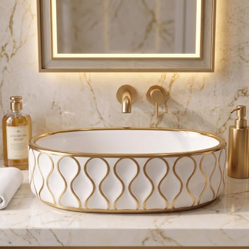 Image of Backline 20x13x5.5 Inches Table Top Wash basin | Basin for Bathroom | Countertop Bathroom Basin For Restaurant /Dining Hall /Living Room /Home (Gold White)(5 Years Glaze Warranty)