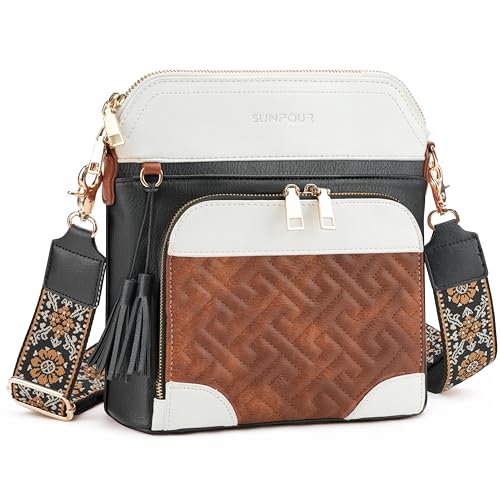 Sunpour Quilted Crossbody Purse for Women Vegan Leather Medium Crossbody Bag with Built-in RFID Wallet Multi-Pocket Travel Shoulder Handbags with Tassel (Beige＆Brown＆Black)