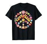 Colorida camiseta retro hippie de los años 60 y 70 con el símbolo de la paz teñido anudado. Divertido look nostálgico o disfraz de hippie de Halloween fácil.