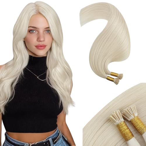 Image of Moresoo I Tip Hair Extensions Human Hair White Blonde, 16 Inch | 40g 50 strands, individual strand extensions, soft silky texture, cool blonde tone, vacation travel, summer styling
