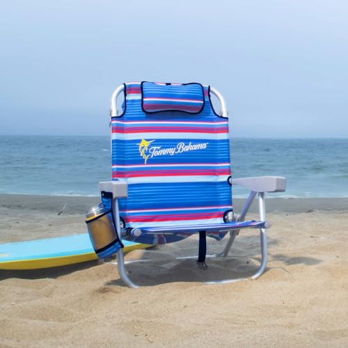 Tommy Bahama 2-Pack Blue Stripes Backpack Beach Chairs with 5 Positions, Lay Flat Option