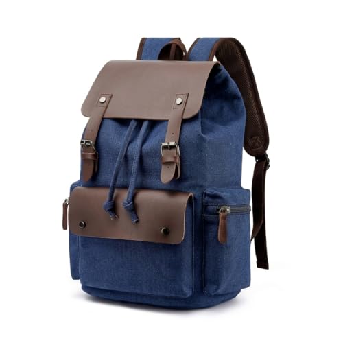 Image of Vintage Canvas Backpack with Genuine Leather Trim - Large 35L Travel Rucksack for Men & Women | Drawstring Laptop School College Bag with Side Pockets | Retro Hiking Daypack