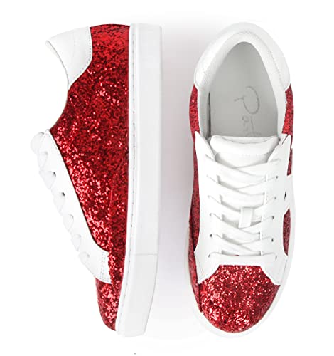 Image of PARTY Women's Fashion Sneaker Lace Up Low Top Comfortable Cushioned Walking Shoes,Podcast,RED Glitter,10