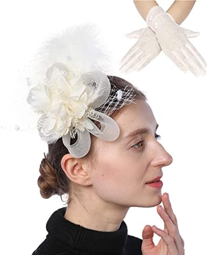 Biruil Fascinators Hat Flower Mesh Feathers Headband Clip Tea Party Derby Cocktail Wedding Kentucky Headwear (A Beige + Gloves)