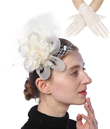 Biruil Fascinators Hat Flower Mesh Feathers Headband Clip Tea Party Derby Cocktail Wedding Kentucky Headwear (A Beige + Gloves) #TOP7