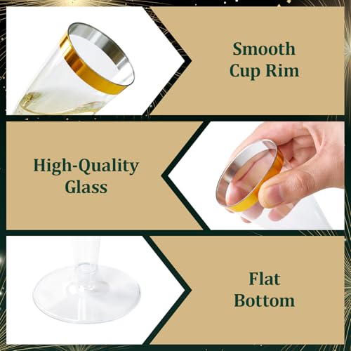 FOCUSLINE 100 Pack Plastic Champagne Flutes, 4.5 Oz Gold Rim Plastic Champagne Glasses, Disposable Clear Toasting Glasses Recyclable Plastic Champagne Cups for Wedding Party