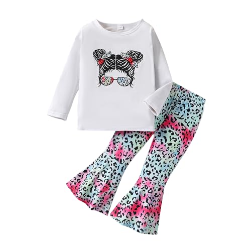 Image of KIDLAGA Toddler Girl Clothes Figure Graphic Drop Shoulder Top Pullover Leopard Print Flared Pants Fall Winter Outfit Set