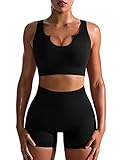 OQQ Women's Workout 2 Piece Seamless Ribbed High Waist Legging Sports Exercise Set Bra Outfit, Black, Small