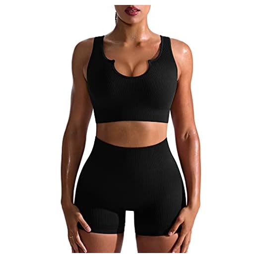 OQQ Women's Workout 2 Piece Seamless Ribbed High Waist Legging Sports Exercise Set Bra Outfit, Black, Large