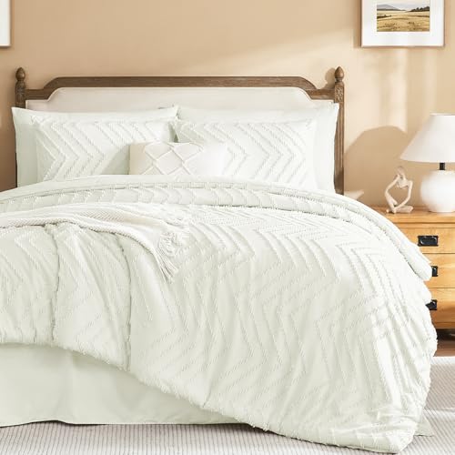 Image of Litanika Ivory Queen Size Comforter Set with Sheets - 7 Pieces Bed in a Bag Queen Boho Tufted Complete Bedding Sets with Comforter, Sheets, Pillowcases & Shams