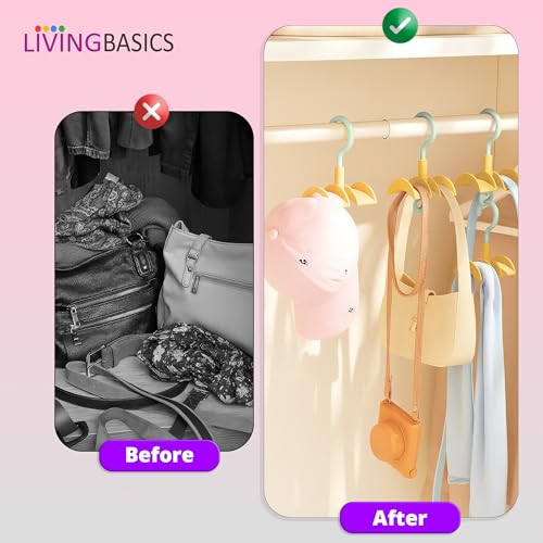 Image of LivingBasics 4 Pcs 360 Rotating Handbag Holder for Wardrobe /Purse Rack /Hanging Purse Organizer for Closet, Bags, Scarves, Belts, Ties /Space Saving Multi Hook Hanger for Women (Yellow & Purple)
