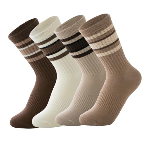 Image of Deeorla Womens Striped Crew Socks Brown Vintage Retro Athletic Socks 5 Pairs