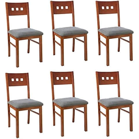 ECO SILLA Y DESCANSO Pack 6 Sillas Modelo 40, Madera Haya Maciza, Pintada Cerezo, Tapizado Gris Cover