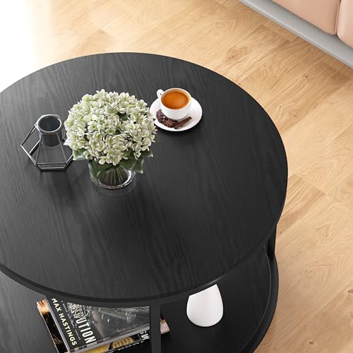 Image of NSdirect Round Coffee Table, 25.6 inch Small Coffee Table for Living Room,2-Tier Rustic Wood Desktop with Storage Shelf Modern Design Home Furniture(Black)