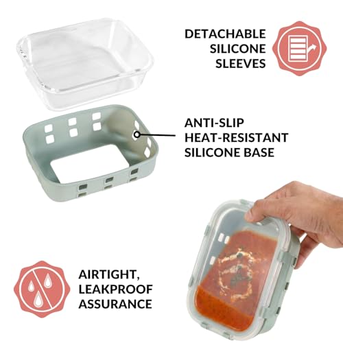 Image of Nestasia Gripso Glass Containers Set of 3 with Silicone Sleeve & Locking Lid (370ml, 600ml, 1000ml), Rectangle Food Storage Containers for Kitchen | Microwave, Dishwasher & Freezer Safe (Green)