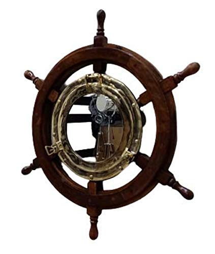 Dimensioni: 61 cm. Marrone Legno Appeso Oblò Specchio Artigianale Ruota della nave Specchio Da Parete 24 \'\'