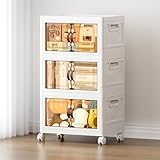 JEKO&JEKO 107Qt Stackable Storage Bins with Lids and Wheels, Foldable Collapsible Plastic Drawer Boxes for Clothes, Home, White, 3 Pack