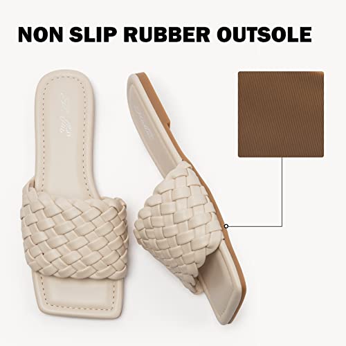 Katliu Women's Square Open Toe Flat Sandals Braided Strap Slide Sandals Slip On Summer Sandals Apricot #TOP4