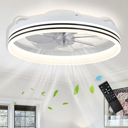 FRIXCHUR White Dimmable LED Ceiling Fan with Lights Chandelier Fan with Remote Control Flush Mount Modern Indoor 19.7 LED Dimmable Low Profile Ceiling Fans,Smart 3 Light Color Change and 6 speeds