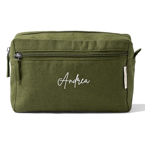 Neceser Multiusos Personalizado De Cáñamo, Tela Natural, Con Nombre O Inicial, Unisex (Verde Militar)