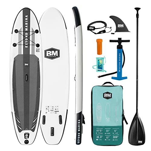 BEYOND MARINA SUP Board Aufblasbares Stand Up Paddle Board | SUP Board mit D-Ringen | Premium SUP Zubehör, Rucksack, Glasfaser Paddel, Handpumpe, Leine, 320×81×15cm,Grau Cover