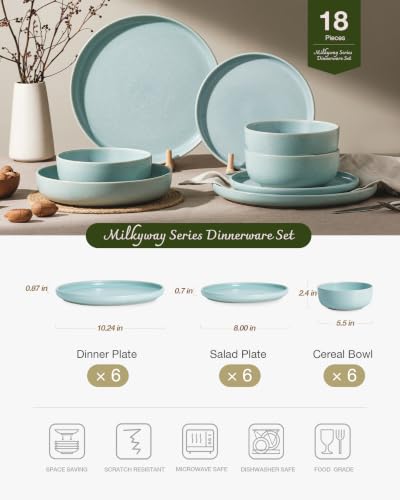 Image of Famiware Milkyway 18-Piece Stoneware Dinnerware Set, Light Blue | Plates and Bowls for 6, Reactive Glaze Dish Set, Microwave & Dishwasher Safe, Chip & Scratch Resistant