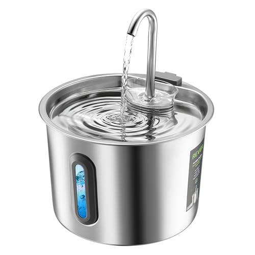 Fontaine à Eau pour Chats INOX 2,2 L – Rever E101 Fontaine de Boisson pour Chats avec fenêtre Visible et Pompe Ultra-silencieuse, Fontaine pour Chats et Petits Animaux (Argent)
