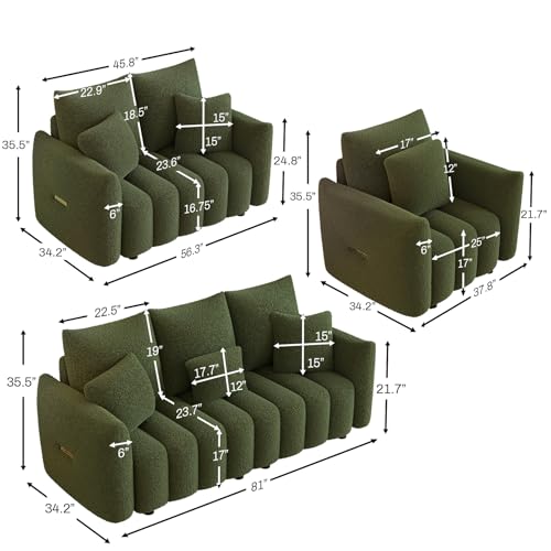 Image of OUYESSIR 3 Pieces Boucle Sofa for Living Room, Modern Deep Seat Sofa Chair & Loveseat & 3-Seater Couch, Oversized Cloud Sofa Couch Set, Comfy Upholstered Teddy Living Room Furniture, Green