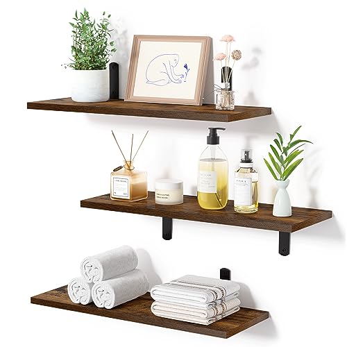 Upsimples Floating Shelves for Wall Decor Storage Sturdy Small Wood Wall Mounted Shelves Set of 3 with Metal Brackets Hanging for Bedroom Living Room Bathroom Kitchen Book Dark Brown