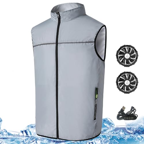 Yaoliucp Cooling Vest with 2 USB Fans 3 Speeds Air Conditioned Jacket Breathable Fan Jacket Sun Protection Ice Cooling Vest with Zipper ＆ Pockets for Constrution, Fishing, Sport in Hot Summer L