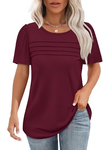 Womens T Shirts Short Sleeve Summer Clothes 2025 Ladies Tops and Blouses Dressy Casual Flowy Plain Oversized Shirts Wine Red 3XL