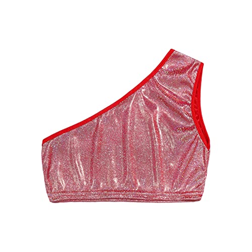 Kkmeter Kids Girls One-Shoulder Sequins Dance Crop Tops Jazz Hip Hop Stage Performance Tank Vest Dancewear (Red, 7-8) #TOP2