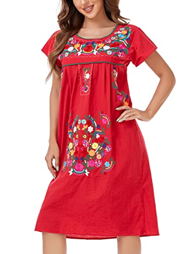 Image of YZXDORWJ Women Mexican Embroidered Long Dress Ruffle Collar Maxi Boho Floral Summer Short Sleeve