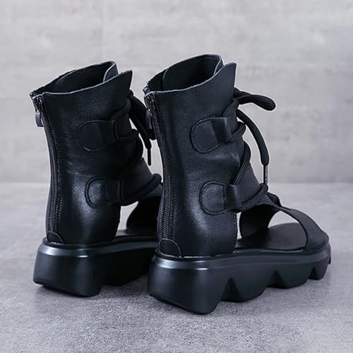 Women's Leather High Top Platform Sandals Vintage Casual Open Toe Lace Up Back Zipper Chunky Wedge Booties Comfortable Soft Sole Roman Sandals4