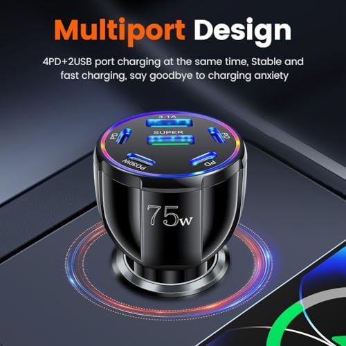 Car Charger Featuring 6 Ports USB C, Supports For QC3.0 and PD 30W for Fast Charging Multiple Devices (Black)