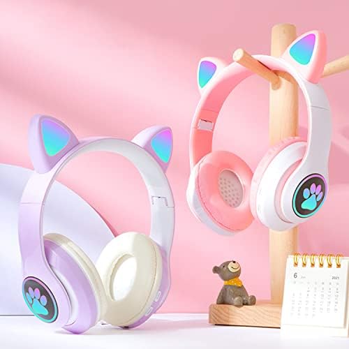 OHAANYY Bluetooth Headphones for Kids, Cute Ear Cat Ear LED Light Up Foldable Headphones Stereo Over Ear with Microphone/TF Card Wireless Headphone for iPhone/iPad/Smartphone/Laptop/PC/TV (Purple)