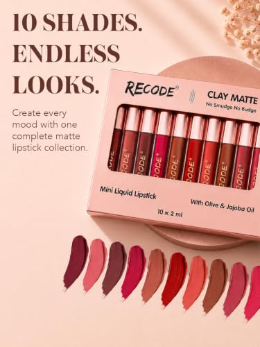 Image of Recode Clay Matte Liquid Lipsticks 2 ML x 10|Long Lasting|Waterproof|Perfect for Gifting,Wedding & Special Occasions|Smudge-proof|Infused with olive & Jojoba Oil|Travel Pack of 10