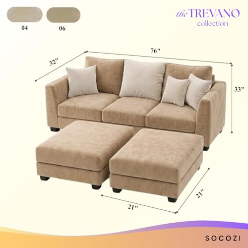 Image of SOCOZI Trevano 5 Seater L Shape Sofa Set with 2 Movable Ottomans | Flexible Layout| Soft Velvet Suede Fabric|Modern Sofa | Plush Comfort Cushions for Living Room (Beige-Cream)