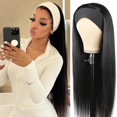 XSY Headband Wig Human Hair Straight Brazilian Virgin Human Hair Wigs for Black Women Glueless No Lace Headband Wig Natural Color 150% Density 28 Inch