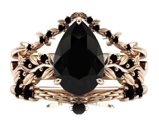 Vine Leaf Style 1 CT Black Onyx Engagement Ring Set Filigree 14k Gold Black Onyx Art Deco Wedding Ring Set Pear Shape Black Onyx Vintage Bridal Set Antique Anniversary Promise Ring Set